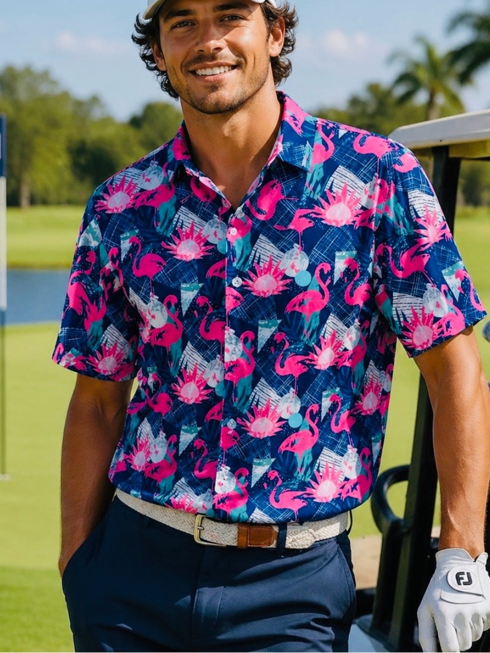 USKOY, Men's Navy & Hot Pink Flamingo Print Short-Sleeve Shirt, Size Small